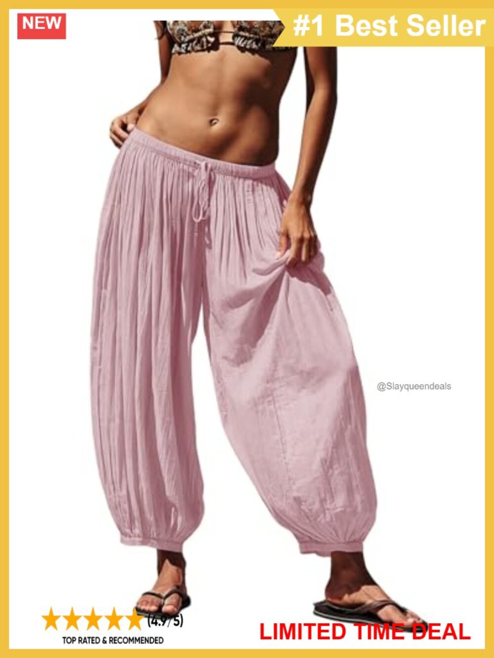 Linen Blend Baggy Harem Pants Elastic Waist Lightweight Beach Vacation